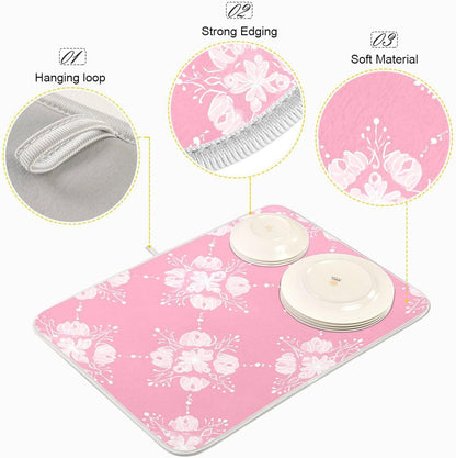 OTVEE Light Pink Pattern Dish Drying Mat for Kitchen Counter Absorbent Heat Resistant Microfiber Dishes Drainer Mat 16x18 in Dish Pad Sink Mat Protective Pad Kitchen Decor