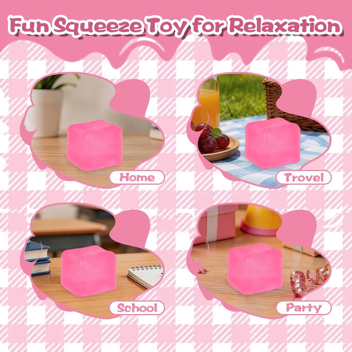 Jumbo 7cm/2.75in Ice Cube Squishy Squeeze Toy – Slow Rising Sensory Fidget Block for Kids Ages 3+ & Adults | Soft BPA-Free Desk Toy for Classroom, Office & Party Favors(Pink)