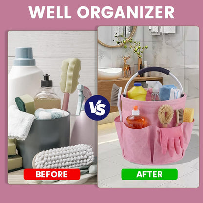 Loungewave Cleaning Caddy with Handle and 6 Pockets, 17L Cleaning Supplies Organizer, 600D Oxford Fabric Storage Basket, Multifunctional Bucket Bag for Picnics, Camping, Gardening, Bathing (Pink)