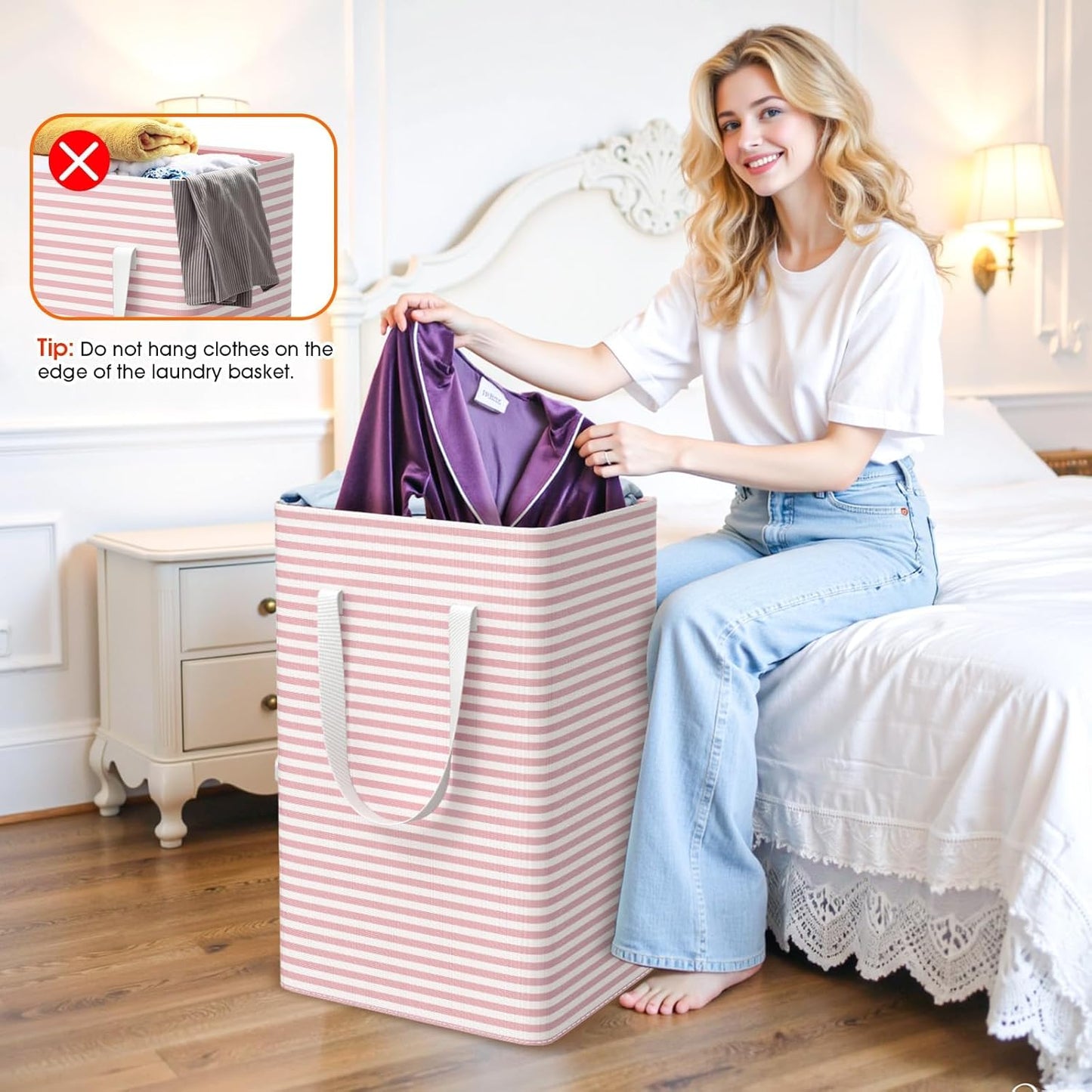 3 Pack Large Laundry Basket,Waterproof & Freestanding Laundry Hamper,Collapsible Clothes Hampers with Easy Carry Long & Reinforced Handles in Bathroom,College Dorm(88Lx3,Pink)