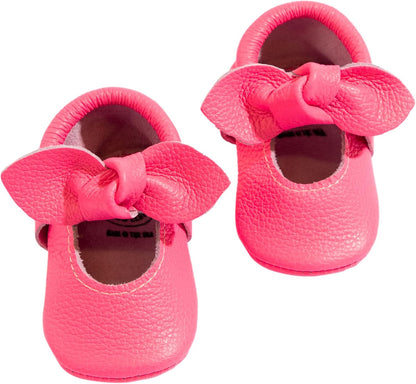 Freshly Picked Leather Knotted Bow Baby Girls Shoes, Soft Sole, 12-18 Months (Dreamhouse Pink Infant)