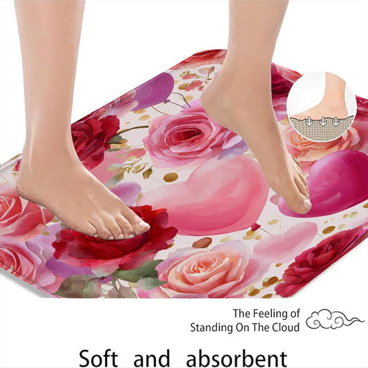 Floral Watercolor Quick Dry Bath Mat, Peach Rose Absorbent Non Slip Shower Mat, Spring Decorative Flannel Washable Bath Rugs for Bathroom Toilet Restroom 16x24 Inch