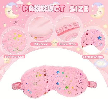 UTENEW 4 Pieces Glitter Stars Pattern Plush Sleep Mask, Soft Eye Cover, Faux Fur Sleeping Blindfold Eyeshade with Elastic Strap & Satin Back for Travel Sleepover Nap Party Supply Girls Women, 4 Colors