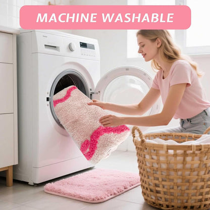 Pink Rose Bow Bath Mat Non Slip Scalloped Bedroom Girly Bow Bath Rug Cute Carpet Bathroom Decor Microfiber Absorbent Bath Rug for Bathtub Shower (Pink-Rose, 31" x 20")