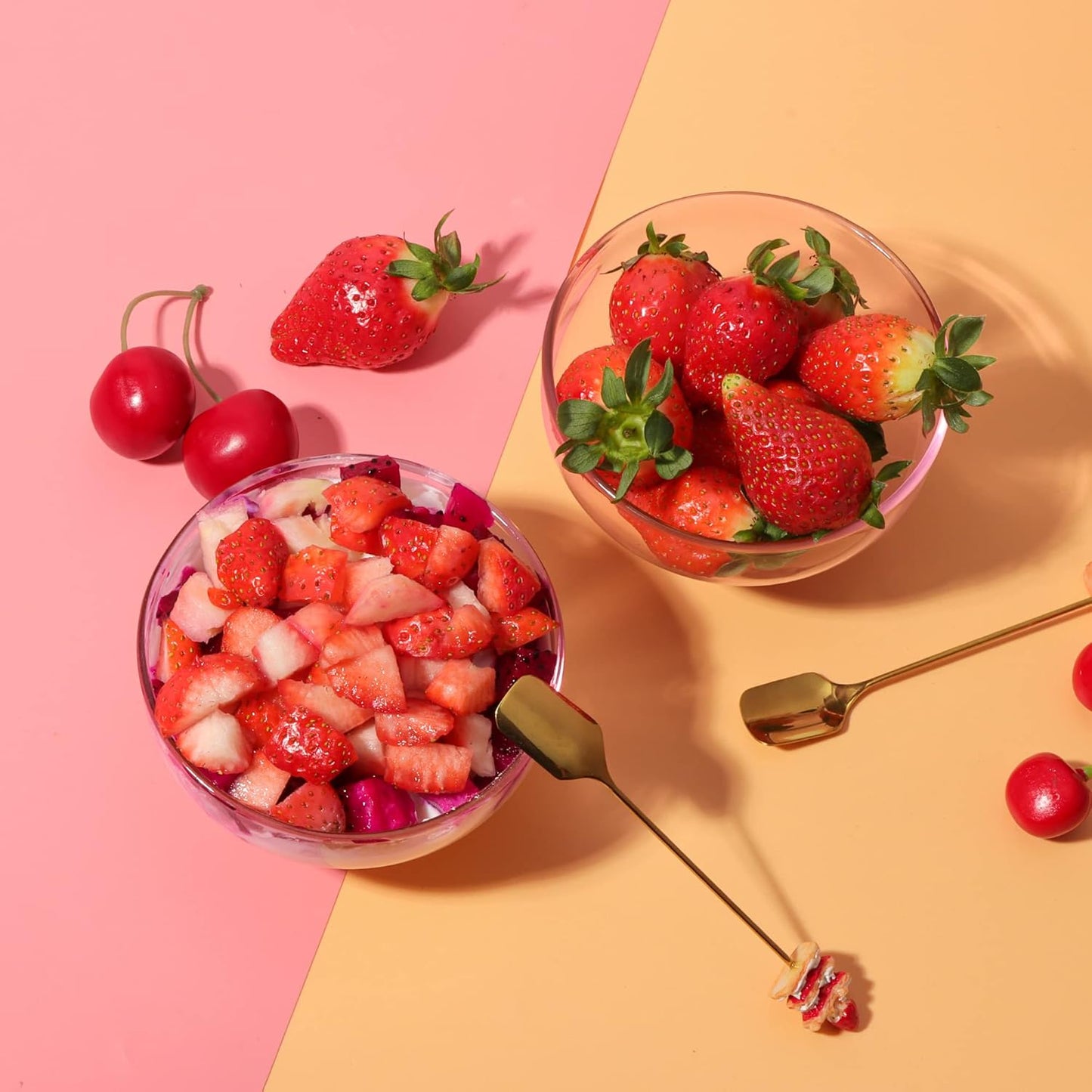 Pink Glass Dessert Bowls Set of 6 Ice Cream Bowl with 6 Gold-Plated Spoons Decorative Microwave Safe for Fruit,Snack,Candy Glass Bowl Set