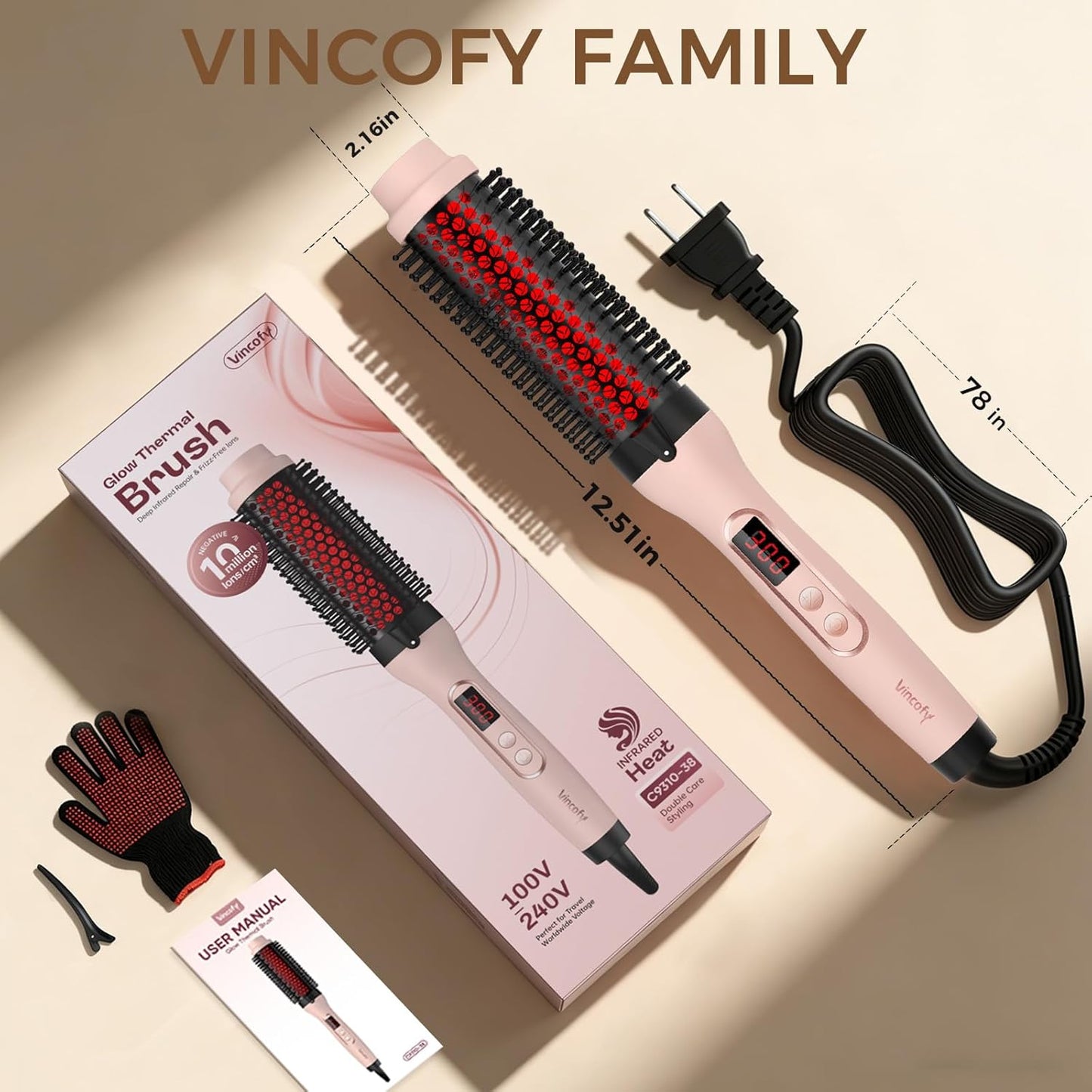 Infrared Thermal Brush, Dual Voltage Negative Ions Heated Round Brush, 1 1/2 Inch Straightener & Curling Iron Brush 2 in 1, Dual PTC Non-Blowing Thermal Round for Wome, Pink