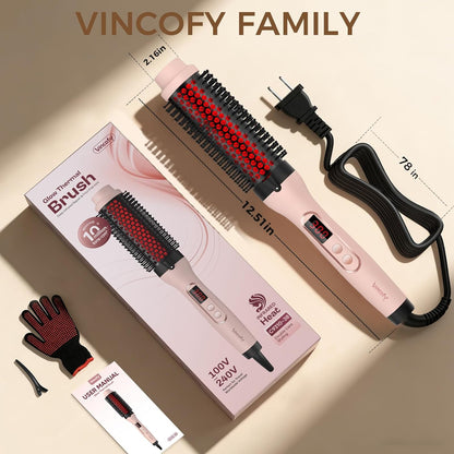 Infrared Thermal Brush, Dual Voltage Negative Ions Heated Round Brush, 1 1/2 Inch Straightener & Curling Iron Brush 2 in 1, Dual PTC Non-Blowing Thermal Round for Wome, Pink