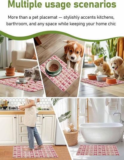 Pink Bow Doormat Bath Mat Quick Dry Non Slip Rug with Rubber Romantic Rose Beige Linen Retro Water Absorbing Mat for Bathroom Kitchen Front Door Laundry Room 32" x 20"