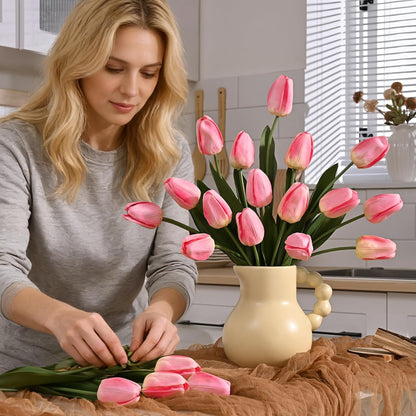 Yastouay 12-Pack Pink Tulips Artificial Flowers, Real Touch Latex Faux Tulips with Large Full Buds, Lifelike Vibrant Fake Tulips Bouquet for Spring Wedding Home Décor, Table & Party Centerpiece
