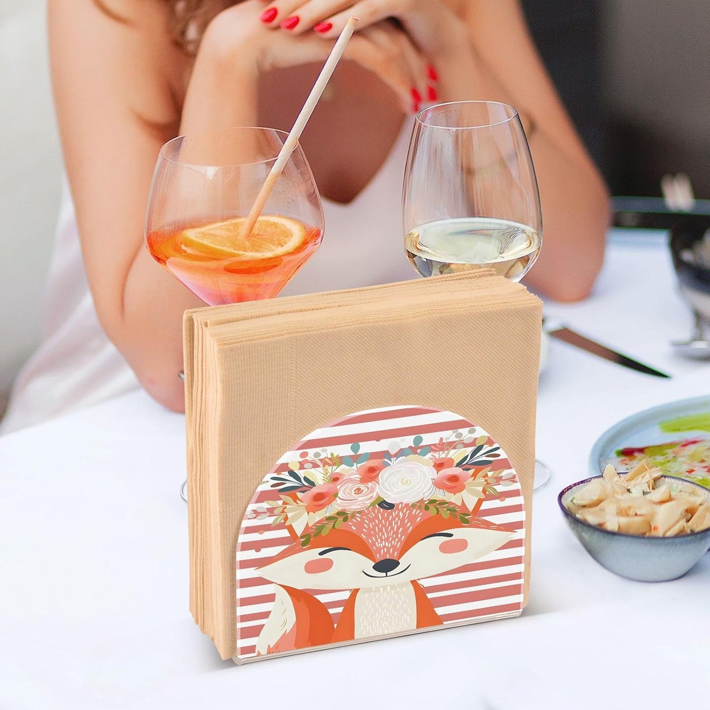 Napkin Holder for Table,Cute Fox Pink Stripe Napkin Holders Tissue Dispenser Clear Acrylic Cocktail Napkins Paper Towel Storage Holder for Kitchen Bathroom Decor
