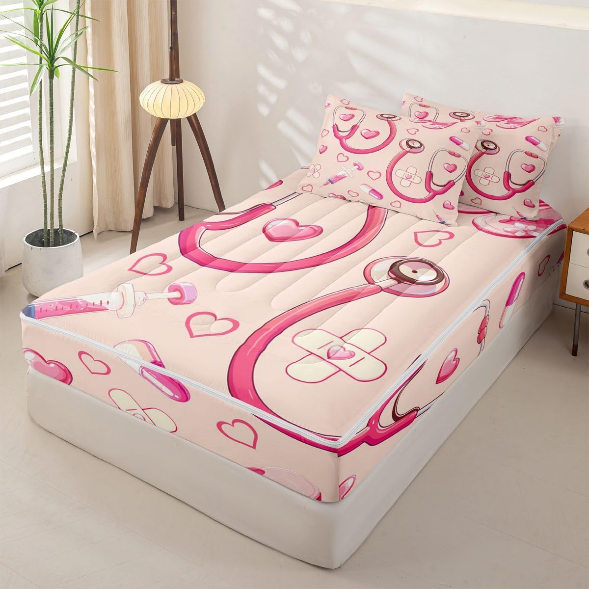Erosebridal Peach Nurse Zipper Bedding Twin Pink Stethoscope Zip Up Bedding Set for Boys and Kids, Cute Heart Nursing Bed in a Bag Medical Healthcare Comforter with Fitted Sheet and 2 Pillowcases