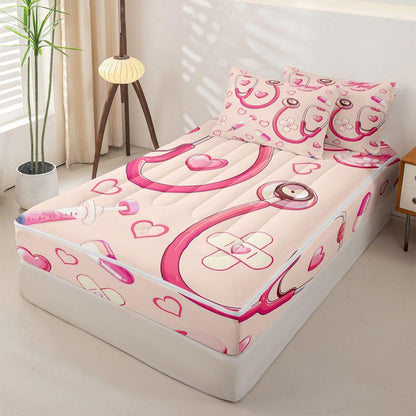 Erosebridal Peach Nurse Zipper Bedding Twin Pink Stethoscope Zip Up Bedding Set for Boys and Kids, Cute Heart Nursing Bed in a Bag Medical Healthcare Comforter with Fitted Sheet and 2 Pillowcases