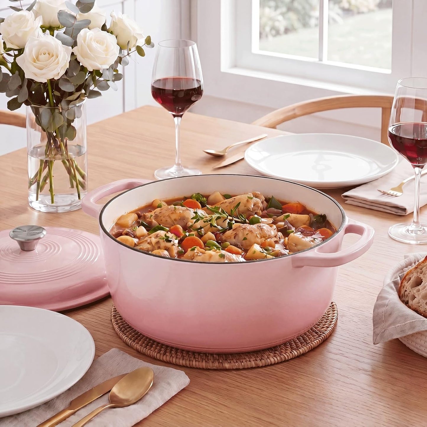 NEWBULIG Cast Iron Dutch Oven, 6 Quart Enamel Dutch Oven Pot with Lid, Heavy Duty Cookware for Sourdough Bread, Braising, Stews, Roasting, Safe up to 500°F, Pink