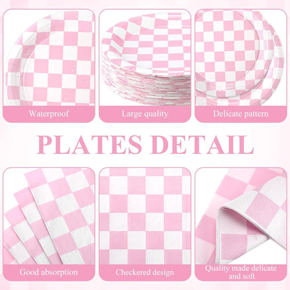 Pickmesh 400 Pcs Pink and White Checkered Party Decorations Set Light Pink Gingham Disposable Paper Plates Napkins Cups Cutlery Plaid Party Decorations for Baby Shower Wedding Birthday Serve 50