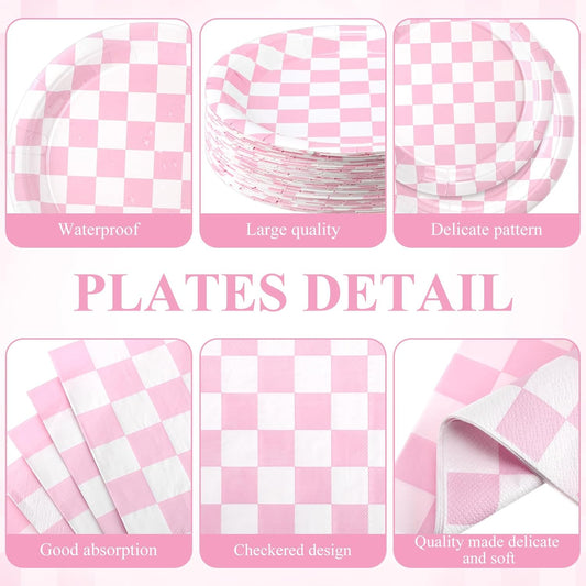 Funnymoom 452 Pcs Light Pink and White Gingham Party Supplies for 50, Pink Checkered Gingham Paper Plates Napkins Cups Tablecloth Cutlery Straws for Picnic Camping Birthday Baby Shower Decoration