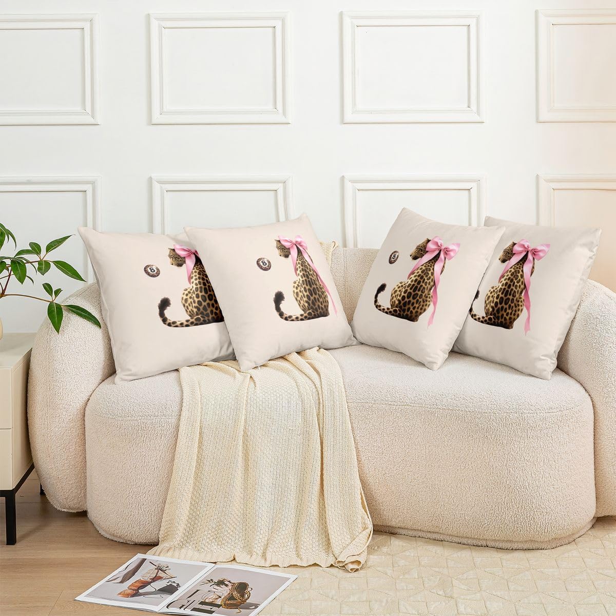 Manfei Pink Bow Cheetah Throw Pillow Cover Brown Leopard Lucky 8 Ball Double Sides Pillow Case for Kids Boys Girls Room Decor,Wild Animal Theme Cushion Cover for Bed Couch Sofa,1 Pack 24"x24"