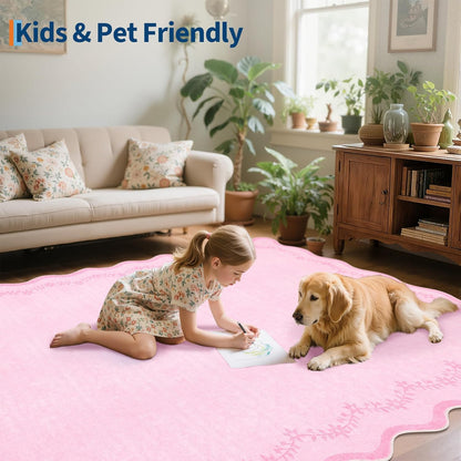 GarveeHome Round Area Rugs 8ft for Living Room, Large Solid Pink Valentines Washable Circle Rug Soft Non Slip Floral Print Floor Mat Carpet Indoor Thin Rug for Bedroom Dining Room Playroom Nursery