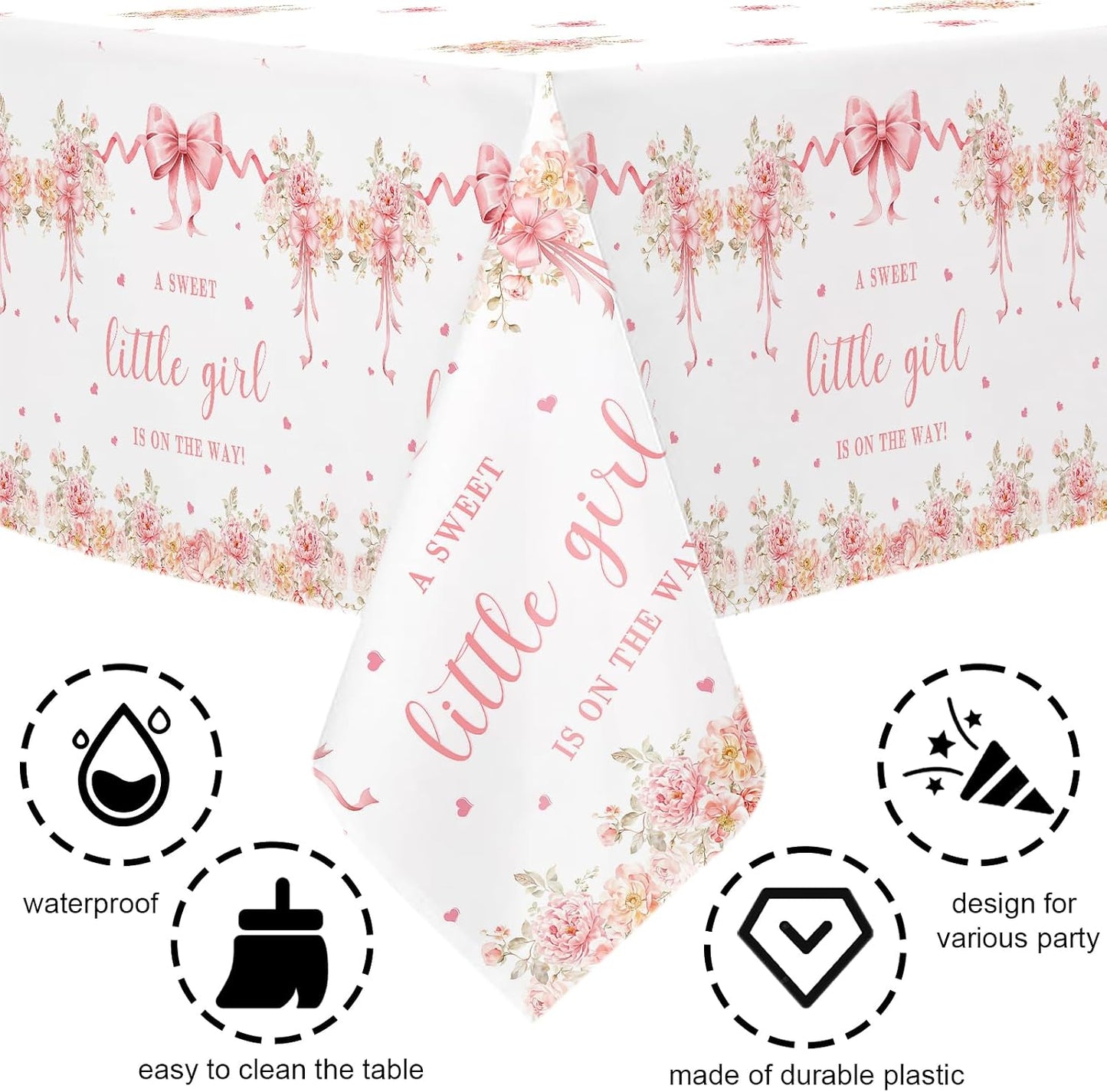 MEHOFOND 3 Pcs Pink Bow Baby Shower Table Cloth, Floral Coquette Sweet Girl Baby Shower Party Disposable Tablecloths Decorations, 108 x 54 Inch Plastic Table Cover Photo Booth Supplies