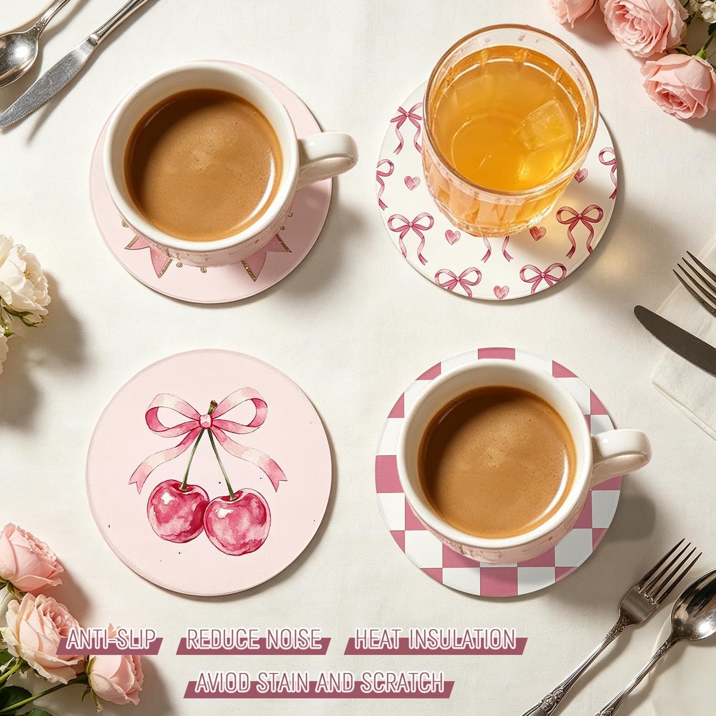 Pink Coasters Set of 4, Ceramic Drink Coasters with Cute Bow and Cherry, Absorbent Cork Backing Cup Mat for Mother's Day Valentine Baby Shower Birthday Home Kitchen Office Table Decor