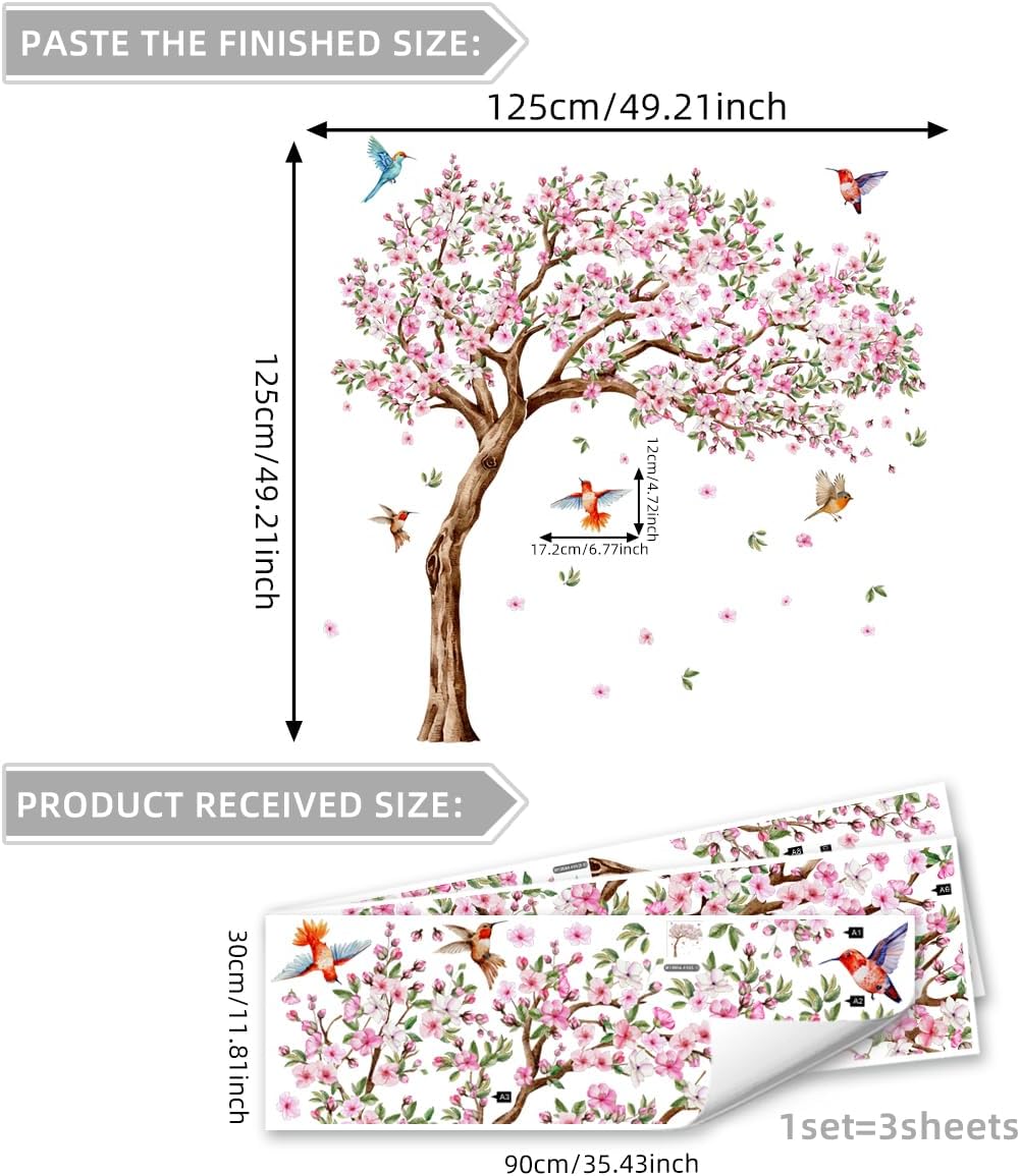 Runtoo Large Tree Wall Decals Pink Cherry Blossom Floral Wall Stickers for Nursery Living Room Bedroom Decor