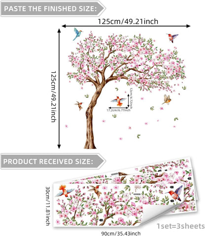 Runtoo Large Tree Wall Decals Pink Cherry Blossom Floral Wall Stickers for Nursery Living Room Bedroom Decor