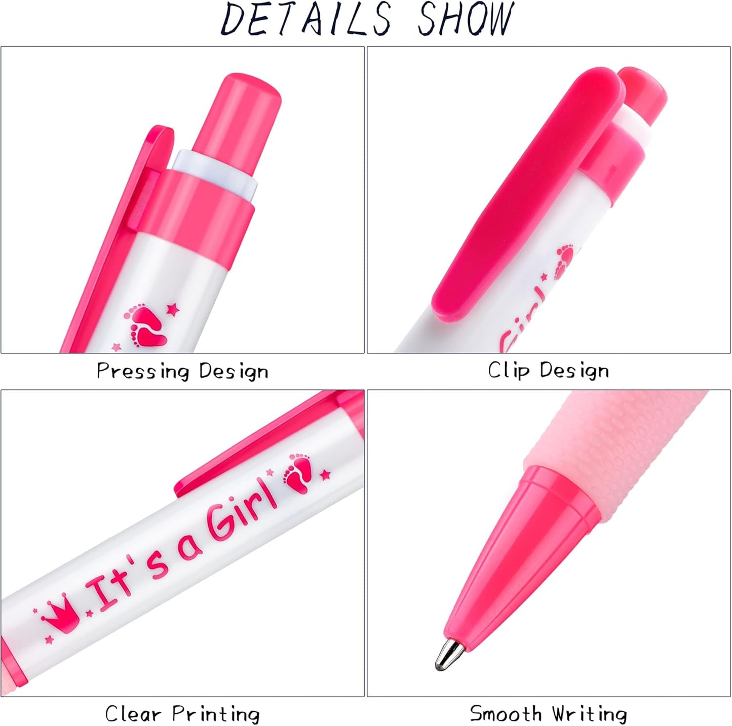 Aodaer 48 Pieces It's a Girl Baby Shower Ballpoint Pens, Pink Retractable Gel Pen with Soft Grip, Comfortable Black Ink Pens for Girls Baby Shower Favors Party Guests Gifts