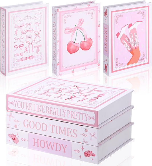 Weysat 3 Pcs Pink Bow Coquette Decorative Fake Books 9.8 Inch Preppy Faux Stacked Books Aesthetic Cute Modern Magnetic Storage Box for Coffee Table Bookshelf Display Bedroom Home Room Decor