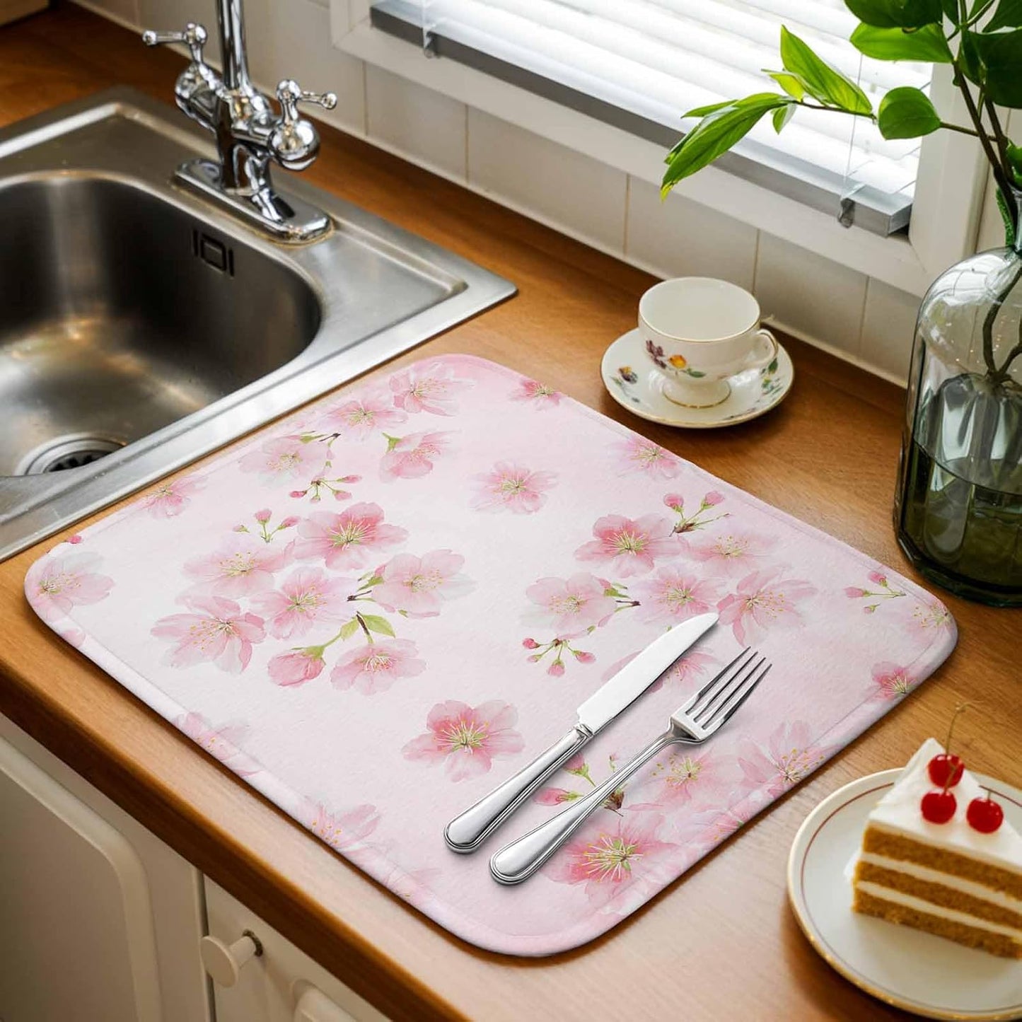 Pink Floral Dish Drying Mat for Kitchen Counter Modern Farmhouse Aesthetic Shabby Chic Flower Baby Microfiber Drying Pad, Absorbent Coffee Cup Dishes Drainer Mats 18"x24", 1 Pcs