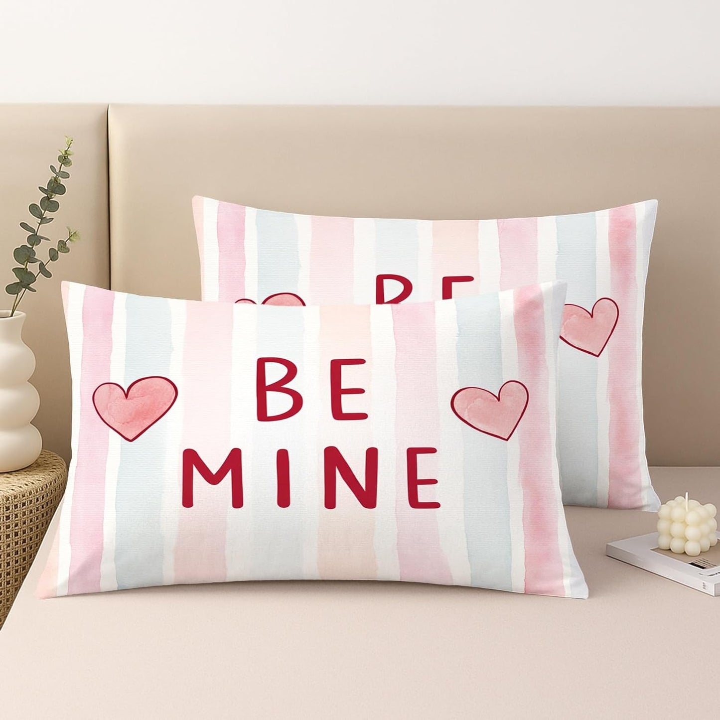 Hearts Throw Pillow Covers Set of 2, Valentine Contemporary Stripes Text Valentine Peach with Hidden Zipper Cushion Covers Pillow for Living Room Bedroom Loft Office Car Decor 20x12 Inch