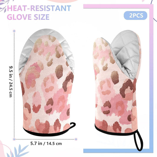 Oven Mitt 2 Pack Set Pink Gold Leopard Print Kitchen Mitts Gloves for for Cooking Baking Grilling