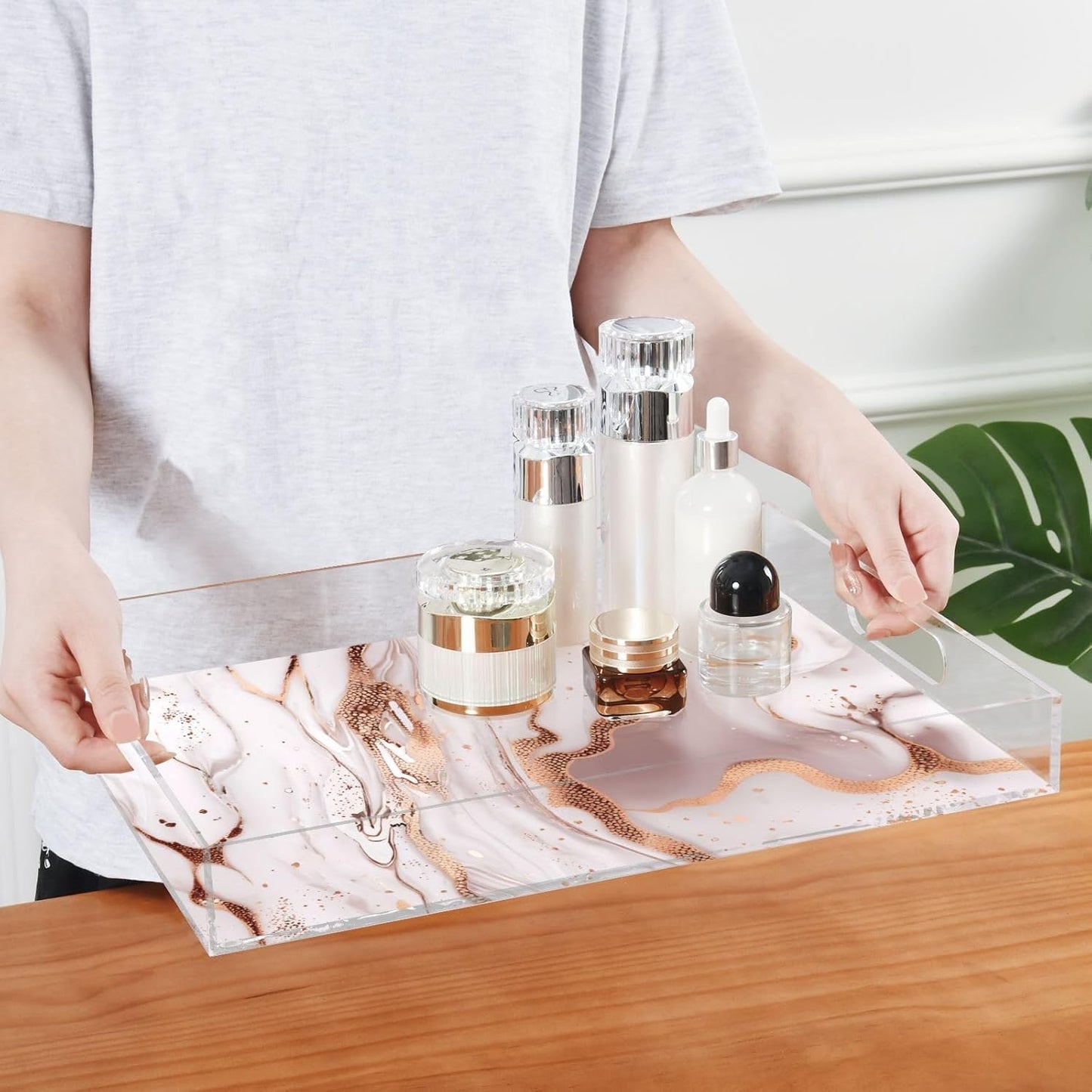 Marble Gold Pink Serving Tray Acrylic Decorative Trays 16" x 12" Serving Platter with Handles for Coffee Table, Dessert Party, Bathroom Vanity Countertop
