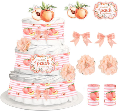 Peach Theme Baby Shower Diaper Cake Decorations, A Sweet Peach Is on the Way Pink Peach Card, Peach Grosgrain Ribbon Artificial Flower Pink Bows Decor for Fruit Baby Shower Party Supplies