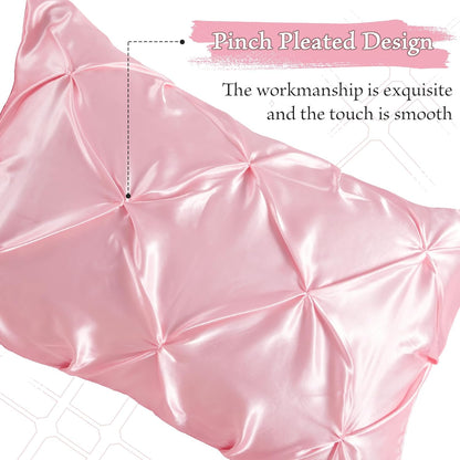 P Pothuiny 3-Piece Set Pintuck Satin Pillowcases & Queen Fitted Sheet, Blush Pink Satin Sheet Silky Soft Luxury Romantic Pinch Pleated Bedding Bedroom Dorm Decor, 15 Inch Deep Pocket
