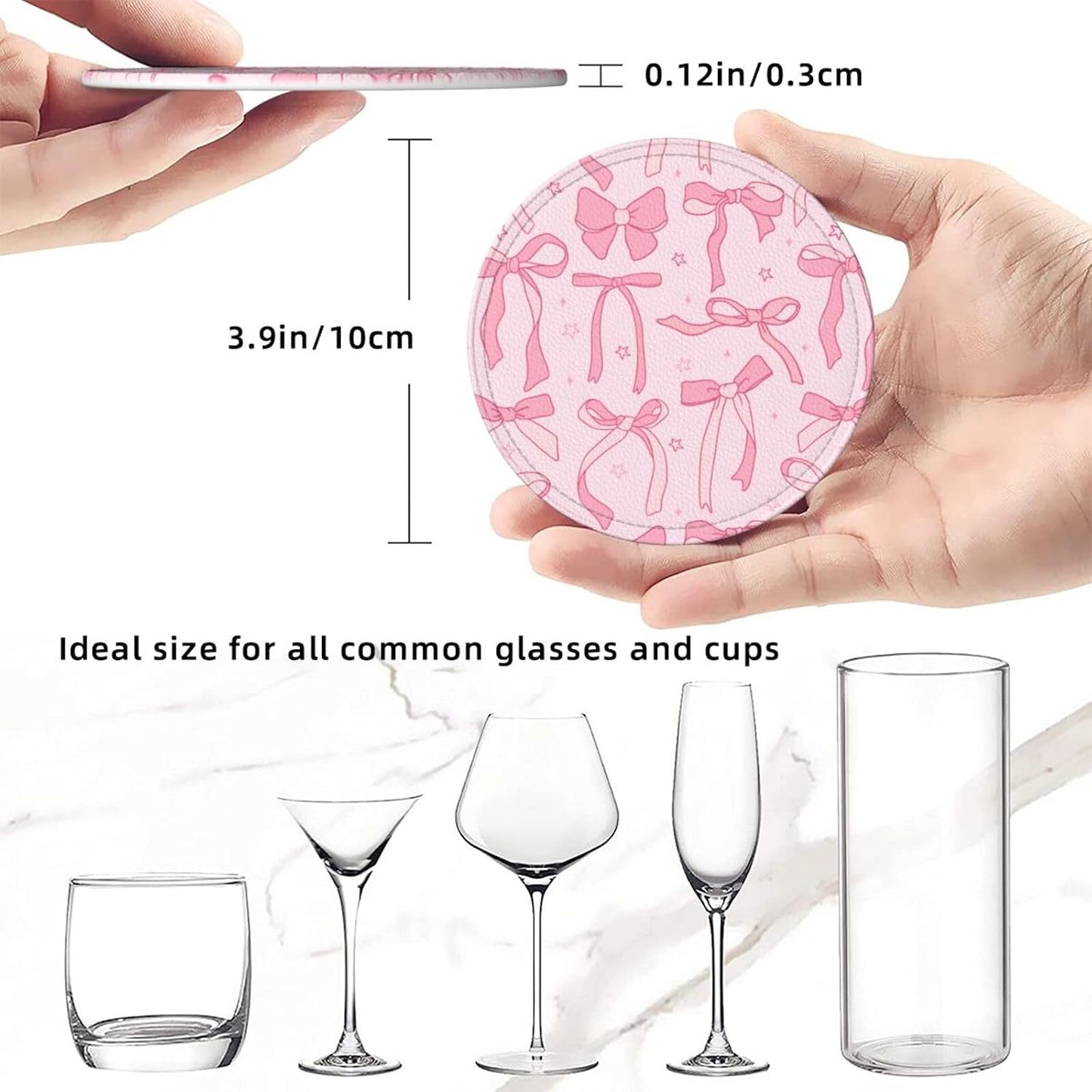 6 Pcs Pink Cute Ribbon Bow Drink Coasters with Holder Coasters for Drinks Coffee Table Home Decor Housewarming Gift