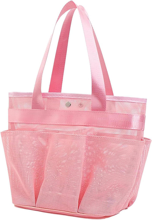 Mesh Shower Caddy, 7 Storage Pockets with 1 button, Portable Organizer for Bathroom College Travel Beach, Large Size, Pink