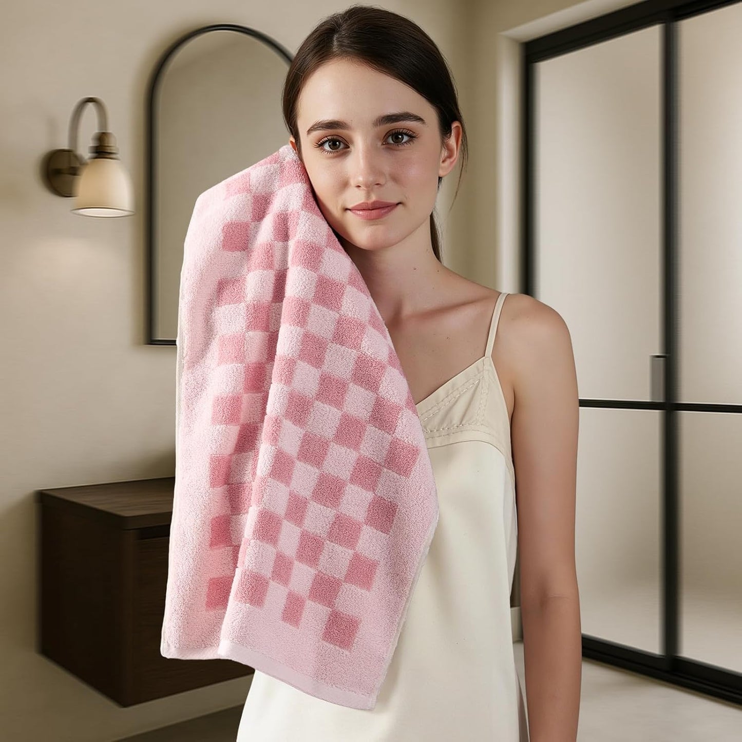 REDKISS 5 Pack Pink Checkered Hand Towel Set - Decorative Hand Towels for Bathroom, 100% Cotton Towel Soft Absorbent, Retro Decorative Bathroom Towel for Kitchen, Gym, and Spa
