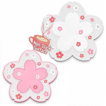 Cute Pink Coasters Set of 2 - Cherry Blossom Coaster for Desk, Heat Resistant PVC 4.5" & 6.2" Mats - Kawaii Desk Accessories for Hot Drinks, Table Protection for Home, Office Desks & Sakura Decor Gift