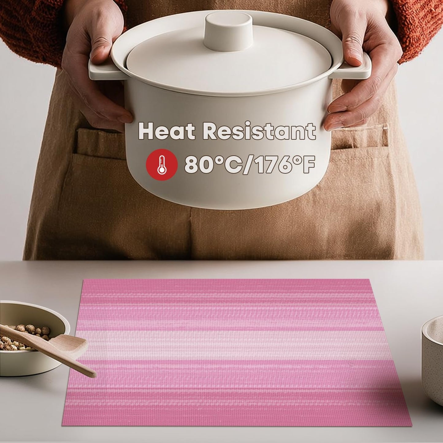 Artoid Mode Pink Gradient Stripes Placemats Set of 4, Washable Heat Resistant Non-Slip Woven Plastic Spring PVC Place Mats for Farmhouse Party Kitchen Dining Decor