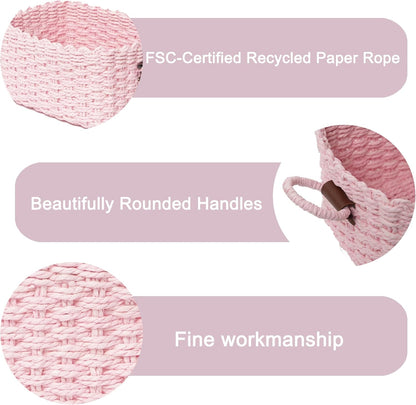 Small baskets for Organizing,Cute woven Storage basket with recycled paper rope for Shelves Bathroom,Little decorative basket,Set of 3 (Pink)