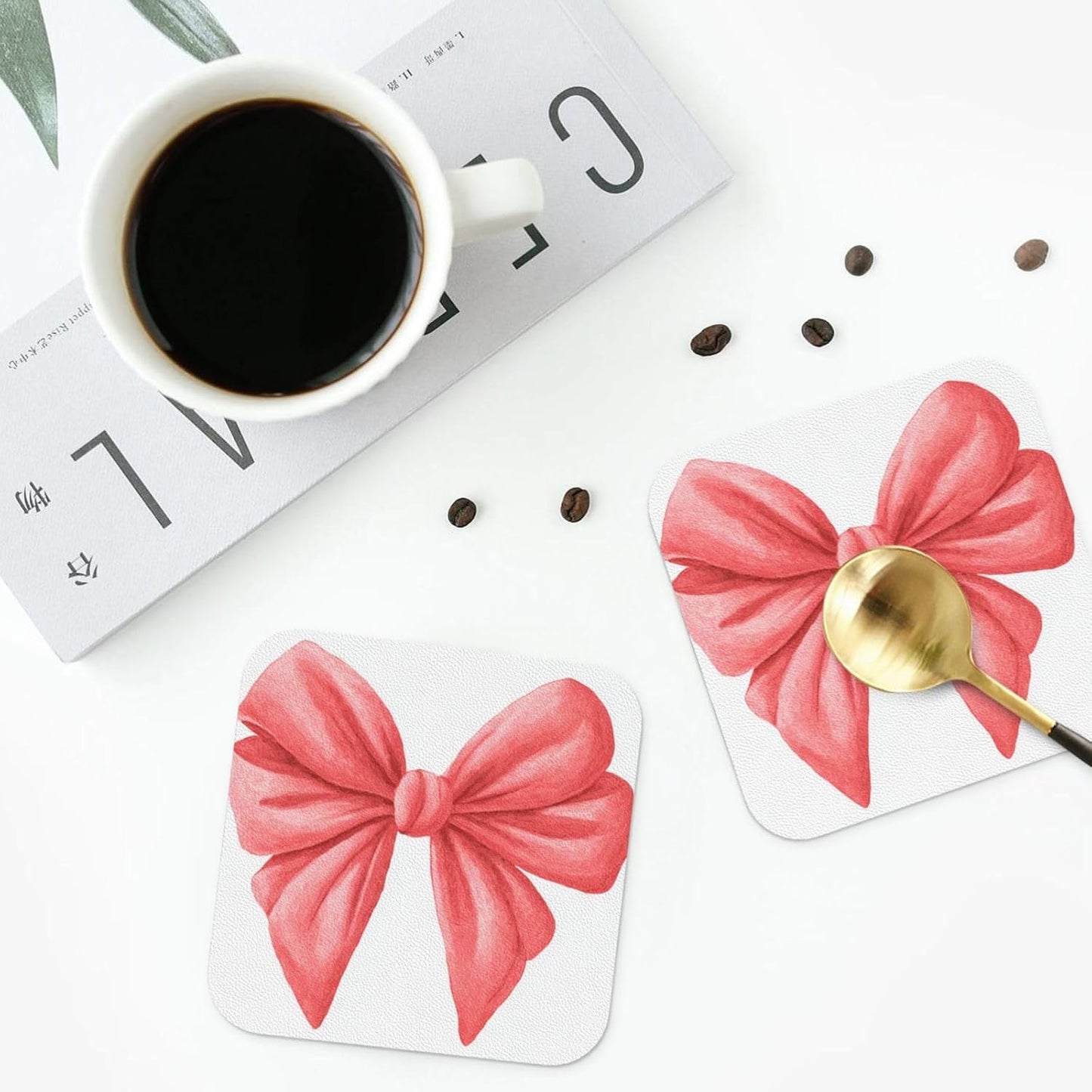 Watercolor Cute Bow Light Red and Pink Drinks Coasters Set of 4 Leather Drink Coasters for Tabletop Protection Heat Resistant Bar Cup Mat Pad