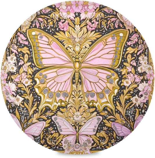 Retro Butterflies Pattern Gold and Peach Round placements Reusable placemats Washable placemats for Dining Table Table Settings for Dining Table Decor placemats Heat Resistant Waterproof Round