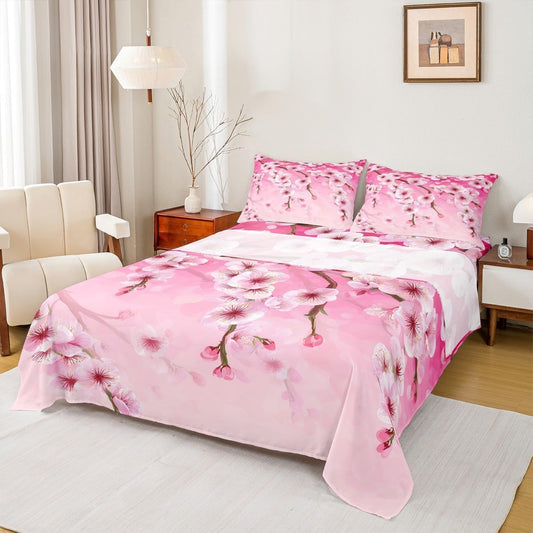 Peach Blossom Kids Sheet Twin Size,Pink Flowers Spring Romantic Bedding Set,Girls Boys Adults Bedroom Decor,Florals Rustic Nauture View Dreamy Bed Sheet Set 3pcs(Fitted + Flat + 1 Pillowcase)