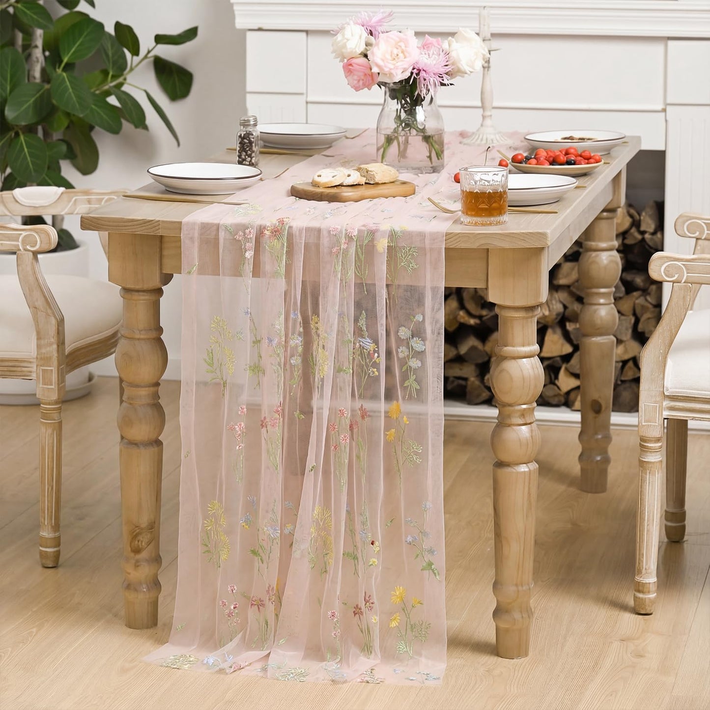Horaldaily Embroidery Flower Plant Pink Gauze Tablecloth 60×84 Inch Rectangular, Spring Summer Tulle Table Cover, Garden Party Decorations for DIY, Wedding, Party, Holiday Dining Decor