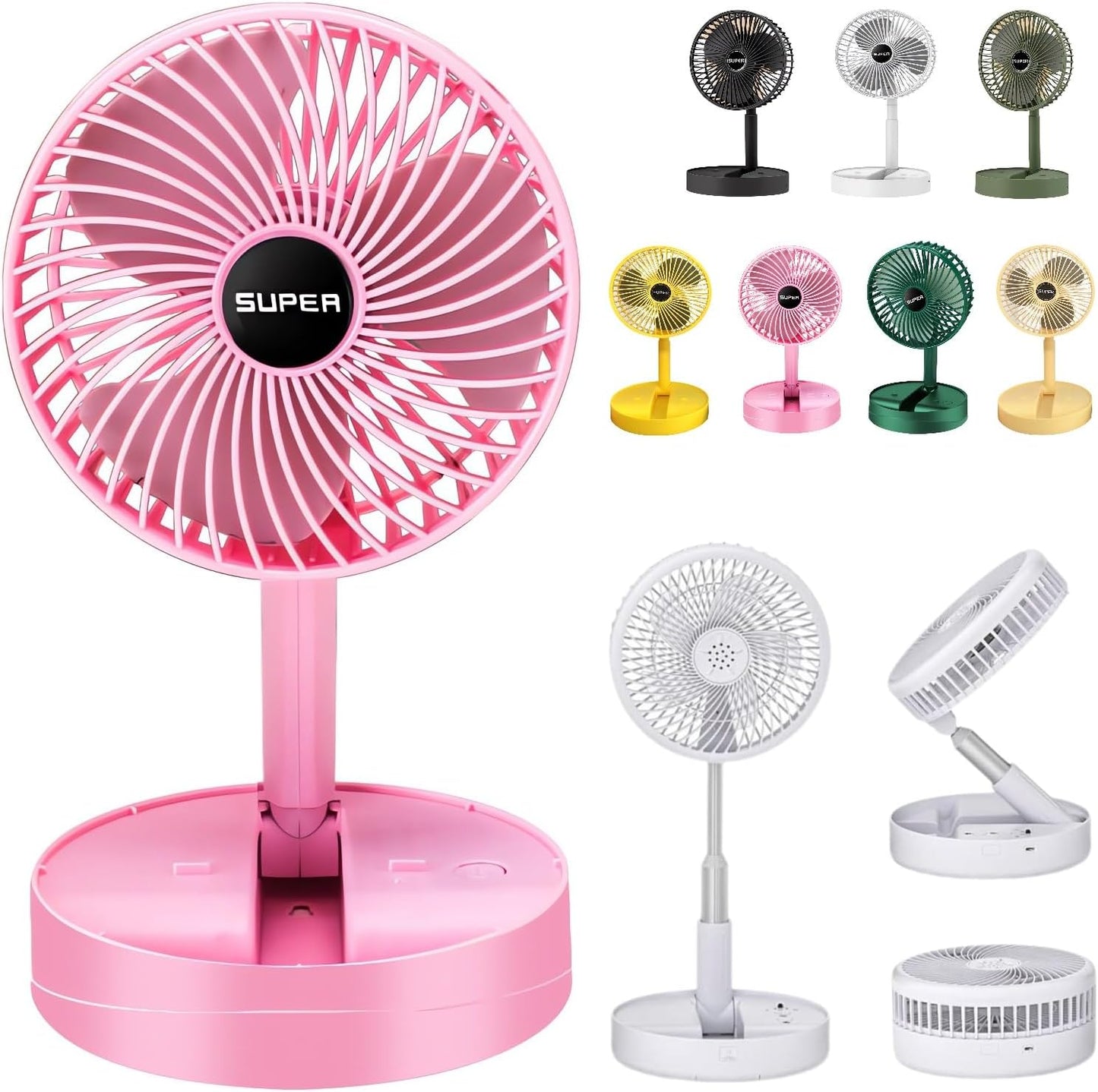 Telescopic Folding Fan - 2024 New Portable USB Rechargeable Collapsible Desk Fan for Travel, Silent Stand up Fan Wireless Folding Oscillating Compact Floor Standing Fans for Dorm ＆ Bedroom (PINK)