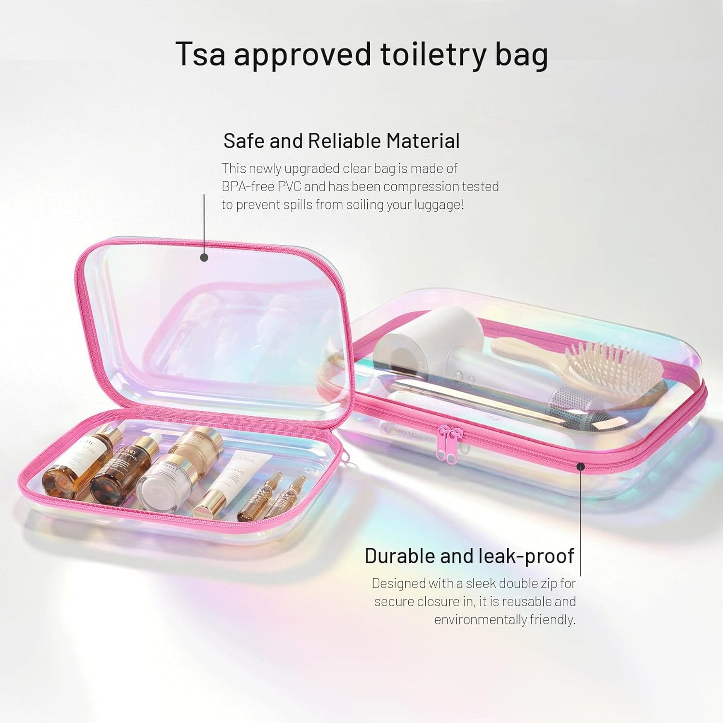 Clear Hard Shell Zipper Case,Makeup Bag,Iridescent Toiletry Bag,2pcs Large Capacity Water-resistant Toiletries Bag,Portable Travel Organizer and Storage,Bathroom Clear Cosmetic Case for Women