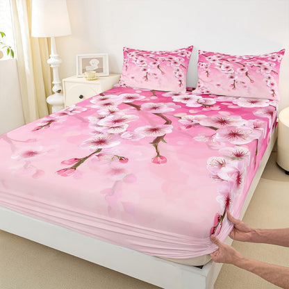 Peach Blossom Kids Fitted Sheet Queen Size,Pink Flowers Spring Romantic Bedding Set,Girls Boys Adults Bedroom Decor,Florals Rustic Nauture View Bed Cover,Dreamy Bed Sheet,2 Pillowcases