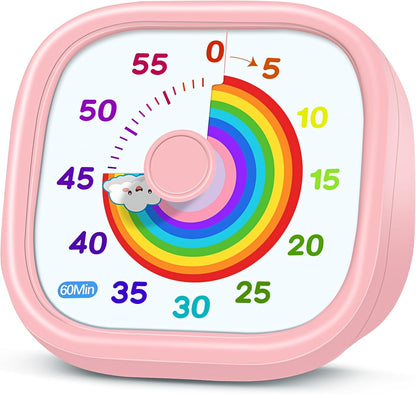 HIPPIH Visual Timer for Kids - 60 Minute Pomodoro Timers for Classroom Kitchen Office, Countdown Kids Timer Clock with Rainbow Disk, Desk Time Management Tool for Toddler with Silent Operation, Pink