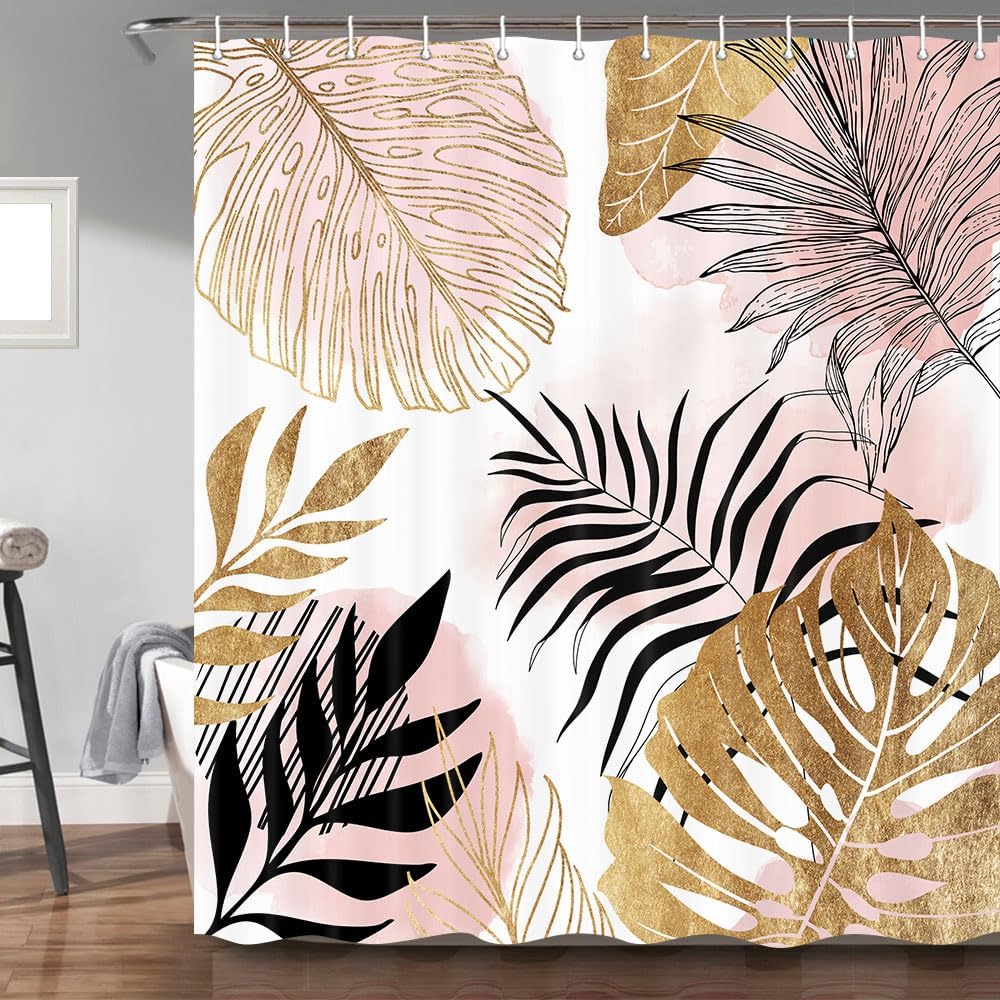 Torich Mid Century Abstract Shower Curtain for Bathroom, Pink Palm Leaves Botanica Abstract Modern Decor Bath Curtains, Gold Geometric Minimalist 47Wx64H Inches Bath Accessories with 12 Hooks