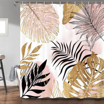Torich Mid Century Abstract Shower Curtain for Bathroom, Pink Palm Leaves Botanica Abstract Modern Decor Bath Curtains, Gold Geometric Minimalist 47Wx64H Inches Bath Accessories with 12 Hooks