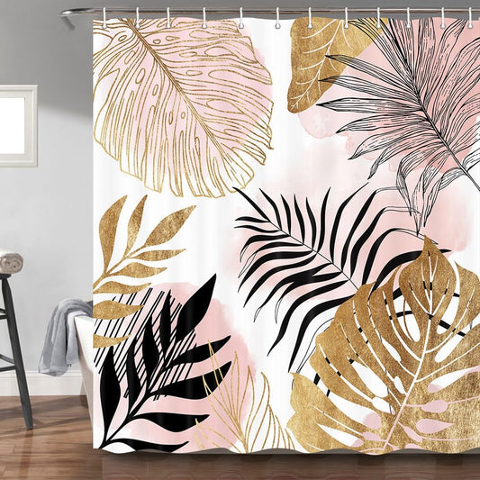 Torich Mid Century Abstract Shower Curtain for Bathroom, Pink Palm Leaves Botanica Abstract Modern Decor Bath Curtains, Gold Geometric Minimalist 47Wx64H Inches Bath Accessories with 12 Hooks